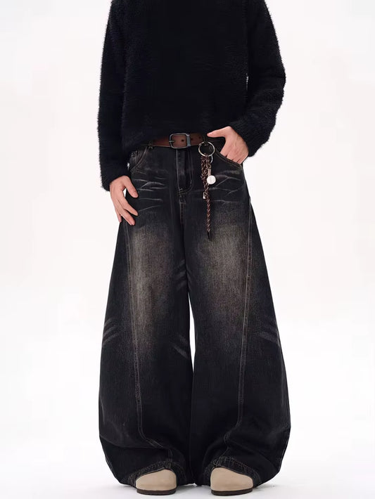 Vintage Black Washed Baggy Jeans Pants Men Wide Leg Curved Blade Pants Streetwear Cowboy Casual Denim Straight Trousers