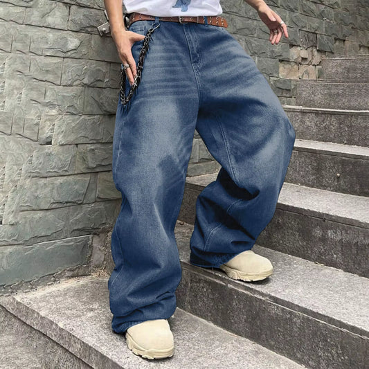 Men Baggy Denim Pants Wide Leg High Waist Belt Casual Trousers Loose plus Size Stylish Streetwear Men'S Hip Hop Streetwear