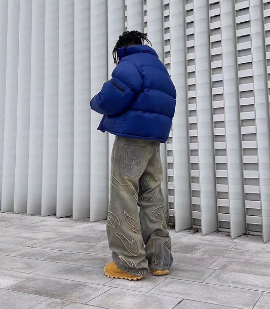 Y2K Street Retro Raw Edge Embroidery Baggy Jeans Men Women Fashion Hip Hop Patchwork High Waisted Denim Pants Ripped Jeans 2024