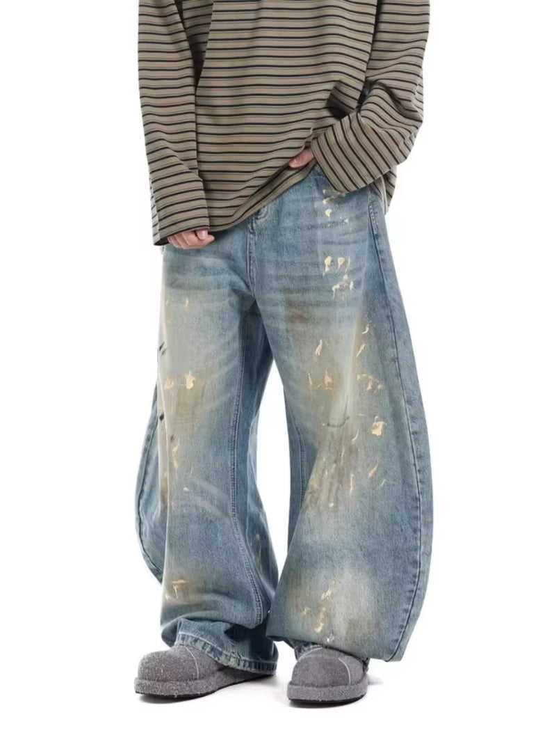 2025 Cyber Y2K Streetwear Paint Graffiti Blue Baggy Jeans Pants for Men 90S Vintage Clothes Distressed Wide Leg Denim Trousers