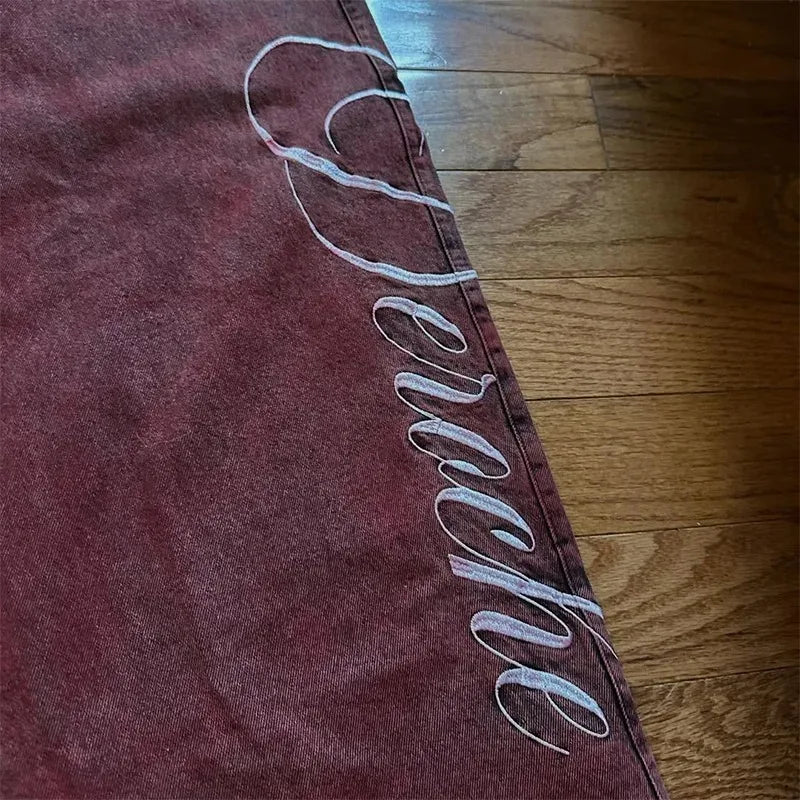 Y2K Baggy Jeans Washed Red Vintage Letter Print Rivet Waist Belt Design High Waist Wide Leg Jeans Goth Sense Trousers Streetwear