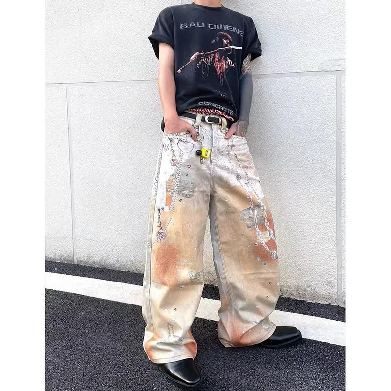 Autumn New Stylish Male Denim Pants Wide Leg American Vintage Y2K 90S High Street Chain Printing Worn-Out Design Baggy Men Jeans