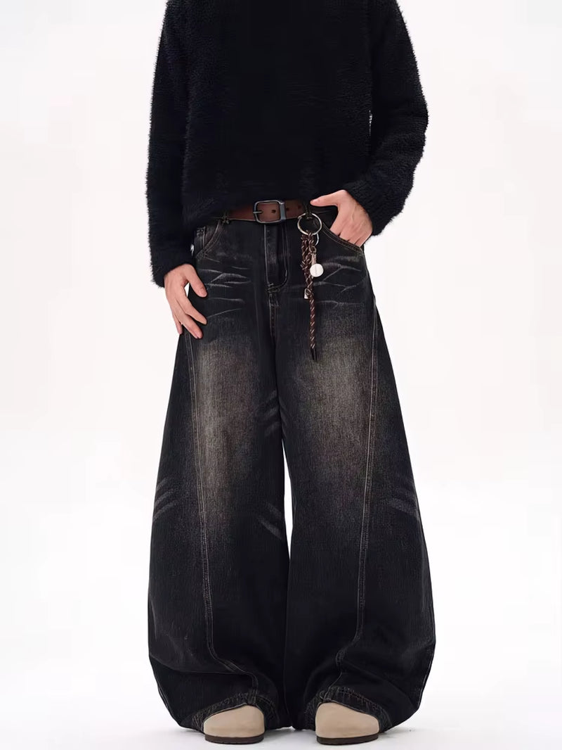 Vintage Black Washed Baggy Jeans Pants Men Wide Leg Curved Blade Pants Streetwear Cowboy Casual Denim Straight Trousers