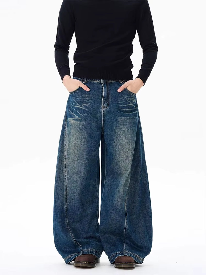 Vintage Black Washed Baggy Jeans Pants Men Wide Leg Curved Blade Pants Streetwear Cowboy Casual Denim Straight Trousers