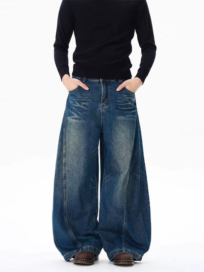 Vintage Black Washed Baggy Jeans Pants Men Wide Leg Curved Blade Pants Streetwear Cowboy Casual Denim Straight Trousers