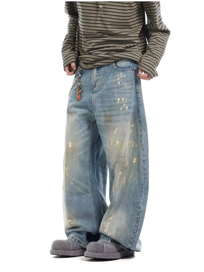2025 Cyber Y2K Streetwear Paint Graffiti Blue Baggy Jeans Pants for Men 90S Vintage Clothes Distressed Wide Leg Denim Trousers