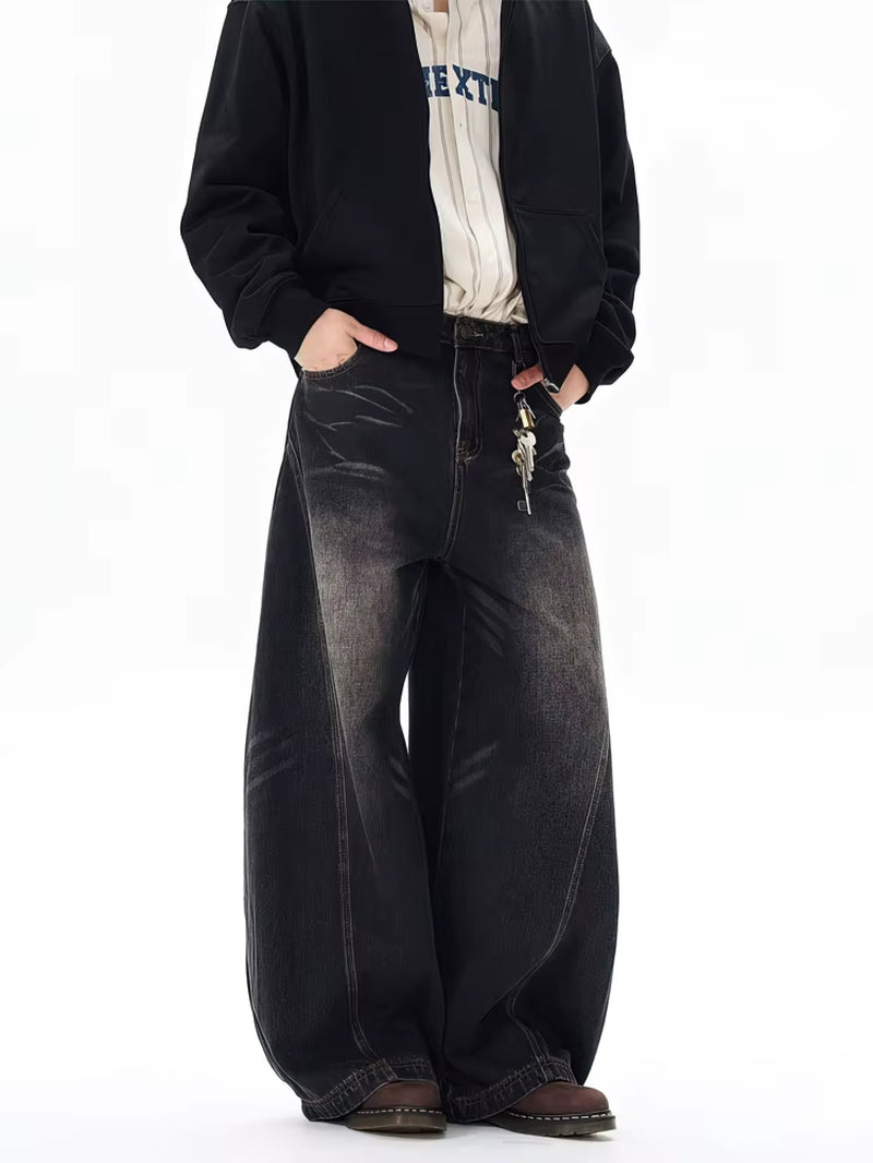 Vintage Black Washed Baggy Jeans Pants Men Wide Leg Curved Blade Pants Streetwear Cowboy Casual Denim Straight Trousers