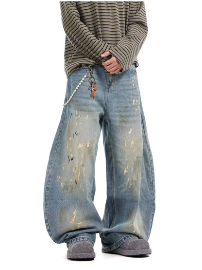 2025 Cyber Y2K Streetwear Paint Graffiti Blue Baggy Jeans Pants for Men 90S Vintage Clothes Distressed Wide Leg Denim Trousers