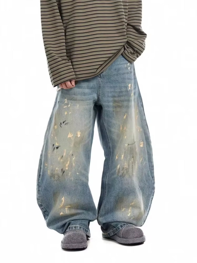 2025 Cyber Y2K Streetwear Paint Graffiti Blue Baggy Jeans Pants for Men 90S Vintage Clothes Distressed Wide Leg Denim Trousers