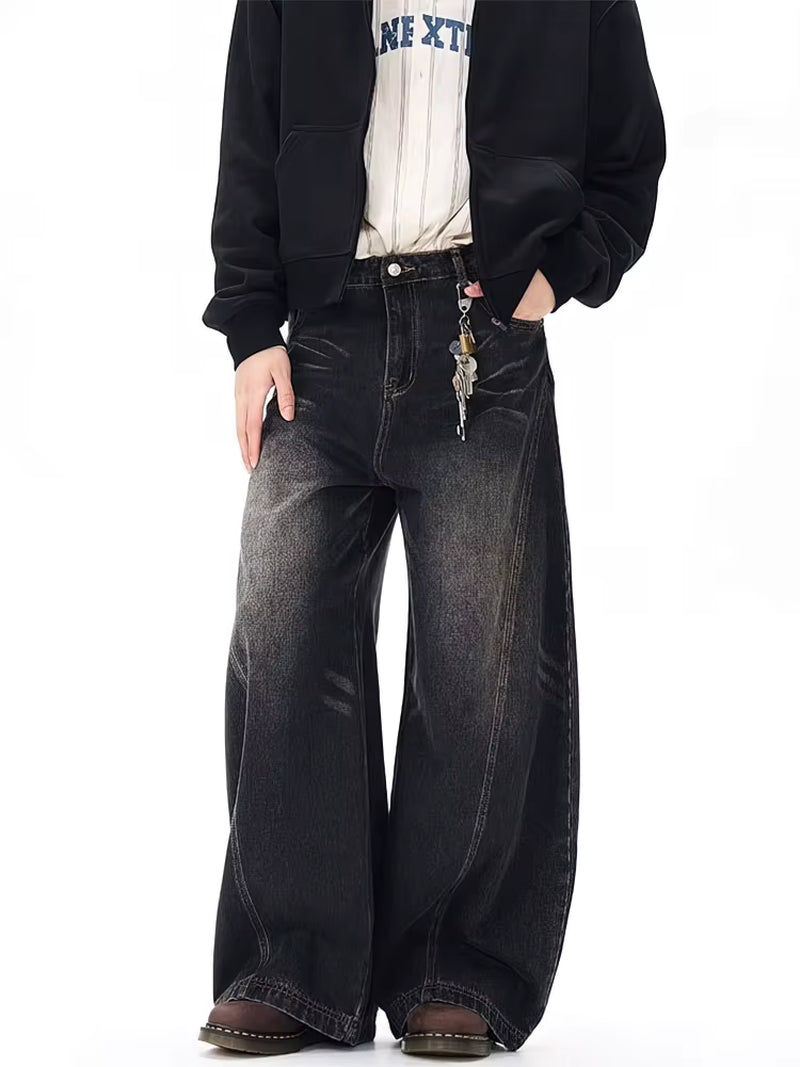Vintage Black Washed Baggy Jeans Pants Men Wide Leg Curved Blade Pants Streetwear Cowboy Casual Denim Straight Trousers