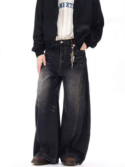 Vintage Black Washed Baggy Jeans Pants Men Wide Leg Curved Blade Pants Streetwear Cowboy Casual Denim Straight Trousers