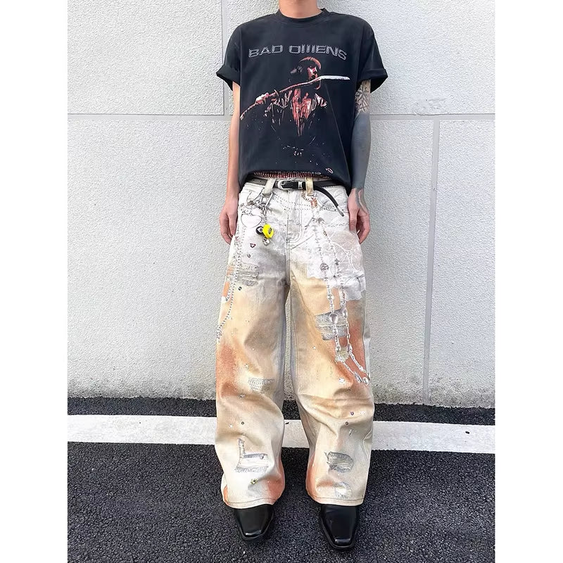 Autumn New Stylish Male Denim Pants Wide Leg American Vintage Y2K 90S High Street Chain Printing Worn-Out Design Baggy Men Jeans