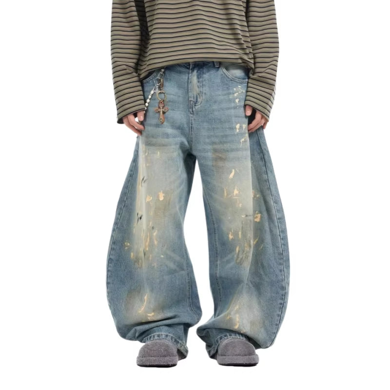 2025 Cyber Y2K Streetwear Paint Graffiti Blue Baggy Jeans Pants for Men 90S Vintage Clothes Distressed Wide Leg Denim Trousers