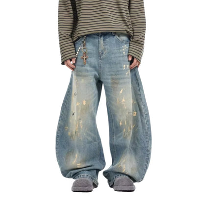2025 Cyber Y2K Streetwear Paint Graffiti Blue Baggy Jeans Pants for Men 90S Vintage Clothes Distressed Wide Leg Denim Trousers