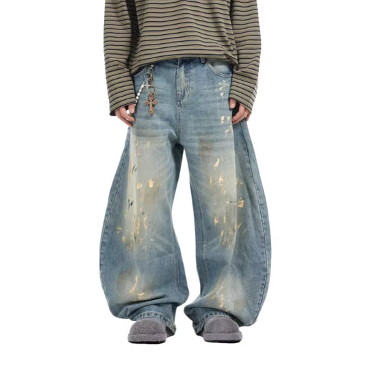 2025 Cyber Y2K Streetwear Paint Graffiti Blue Baggy Jeans Pants for Men 90S Vintage Clothes Distressed Wide Leg Denim Trousers