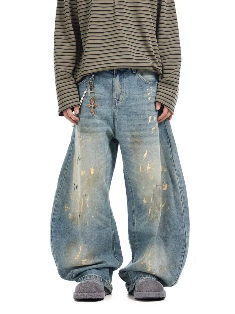 2025 Cyber Y2K Streetwear Paint Graffiti Blue Baggy Jeans Pants for Men 90S Vintage Clothes Distressed Wide Leg Denim Trousers
