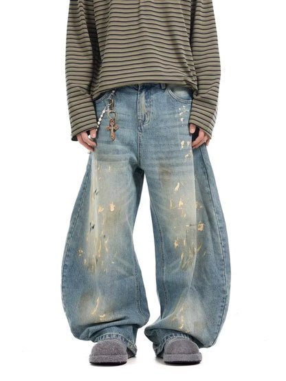 2025 Cyber Y2K Streetwear Paint Graffiti Blue Baggy Jeans Pants for Men 90S Vintage Clothes Distressed Wide Leg Denim Trousers