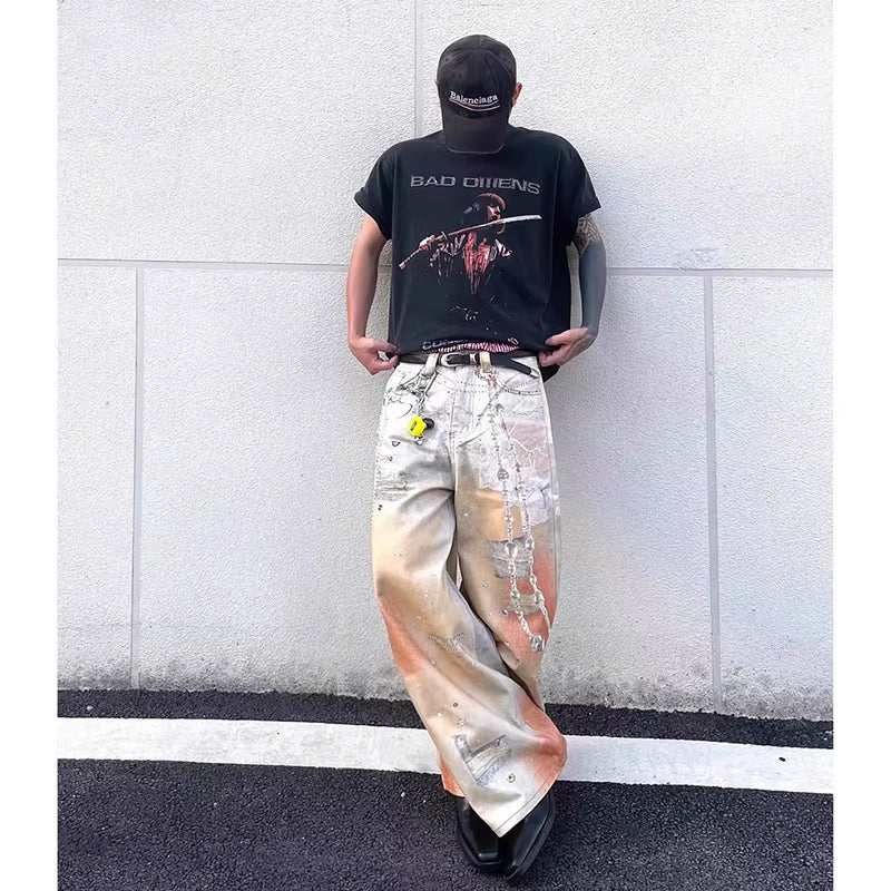 Autumn New Stylish Male Denim Pants Wide Leg American Vintage Y2K 90S High Street Chain Printing Worn-Out Design Baggy Men Jeans