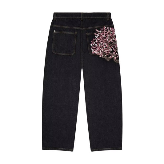 Y2K Baggy Jeans Cherry Blossom Selvedge Embroidery Denim Pants Men Women Denim Fabric American Hiphop Streetwear Wide Leg Jeans