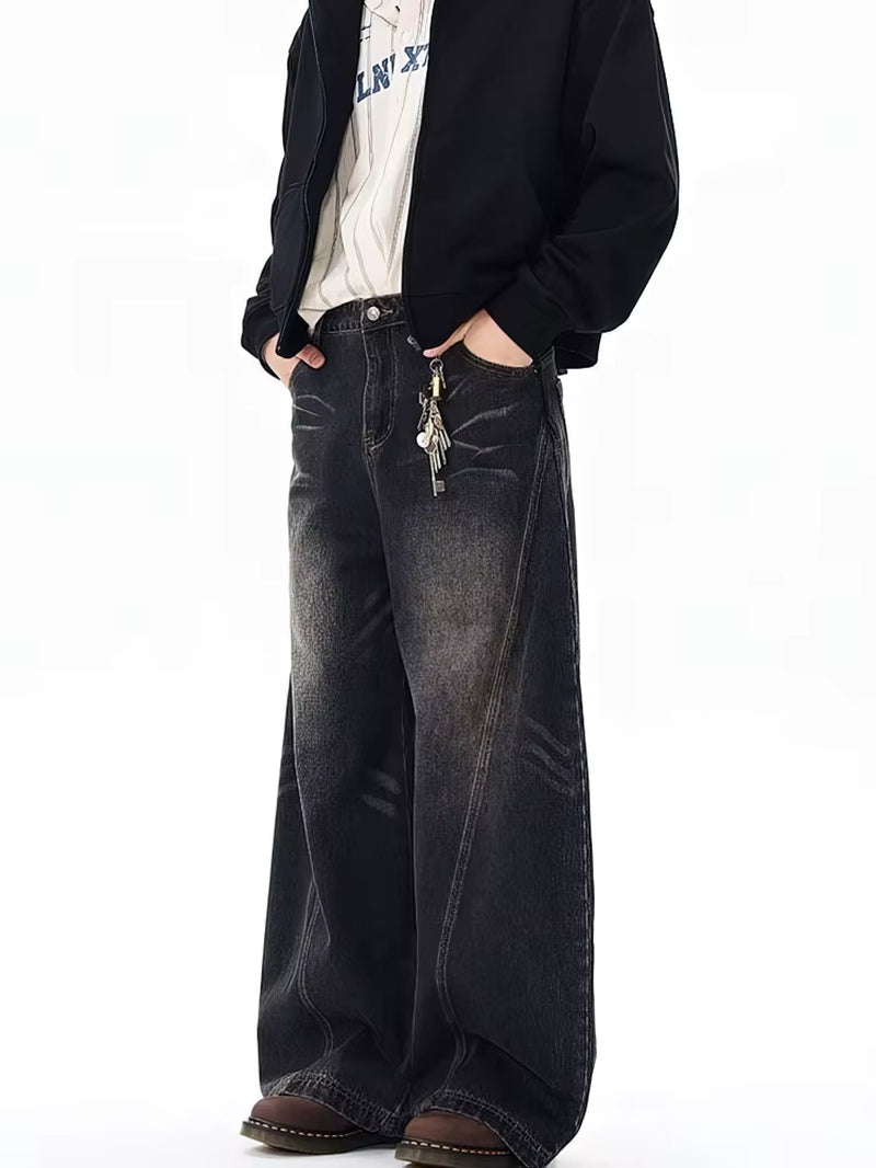 Vintage Black Washed Baggy Jeans Pants Men Wide Leg Curved Blade Pants Streetwear Cowboy Casual Denim Straight Trousers