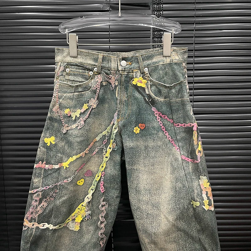 Fashion Women'S 3D Chain Printed Contrast Color Jeans Niche Design High Waist Casual Denim Pants Female Trendy 11A04071