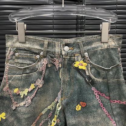 Fashion Women'S 3D Chain Printed Contrast Color Jeans Niche Design High Waist Casual Denim Pants Female Trendy 11A04071