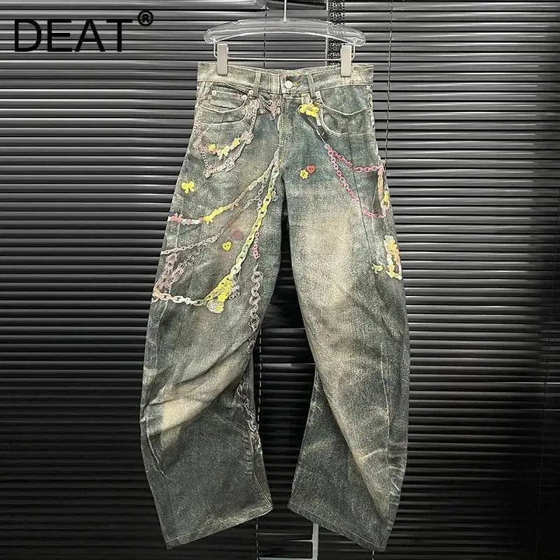 Fashion Women'S 3D Chain Printed Contrast Color Jeans Niche Design High Waist Casual Denim Pants Female Trendy 11A04071
