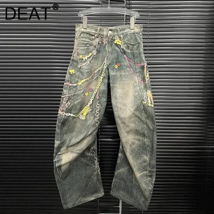 Fashion Women'S 3D Chain Printed Contrast Color Jeans Niche Design High Waist Casual Denim Pants Female Trendy 11A04071