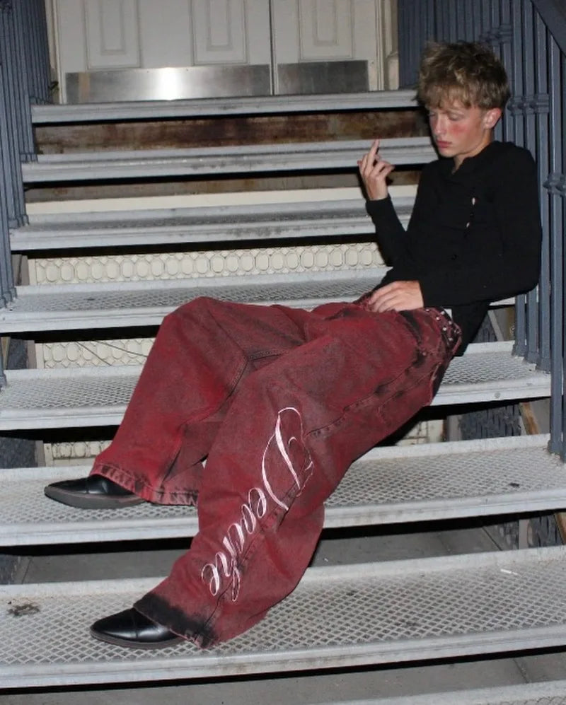 Y2K Baggy Jeans Washed Red Vintage Letter Print Rivet Waist Belt Design High Waist Wide Leg Jeans Goth Sense Trousers Streetwear