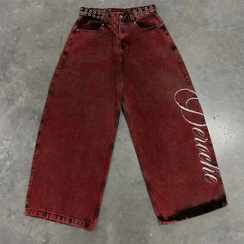Y2K Baggy Jeans Washed Red Vintage Letter Print Rivet Waist Belt Design High Waist Wide Leg Jeans Goth Sense Trousers Streetwear
