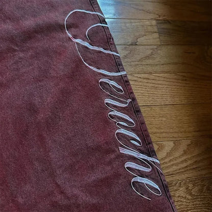 Y2K Baggy Jeans Washed Red Vintage Letter Print Rivet Waist Belt Design High Waist Wide Leg Jeans Goth Sense Trousers Streetwear