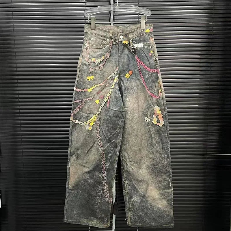 Fashion Women'S 3D Chain Printed Contrast Color Jeans Niche Design High Waist Casual Denim Pants Female Trendy 11A04071