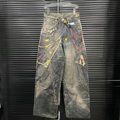 Fashion Women'S 3D Chain Printed Contrast Color Jeans Niche Design High Waist Casual Denim Pants Female Trendy 11A04071