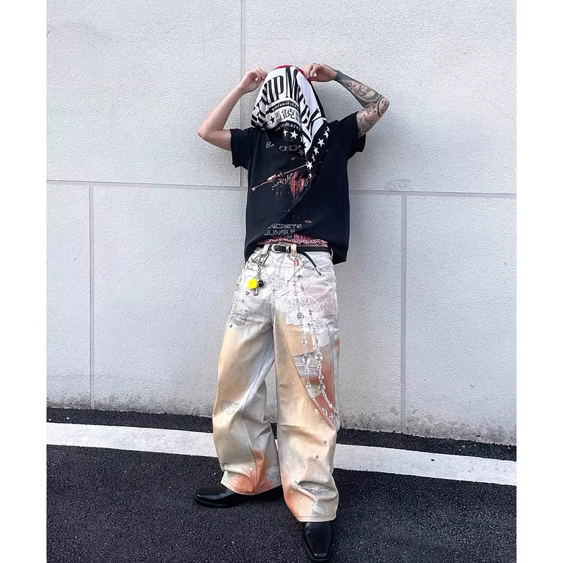 Autumn New Stylish Male Denim Pants Wide Leg American Vintage Y2K 90S High Street Chain Printing Worn-Out Design Baggy Men Jeans