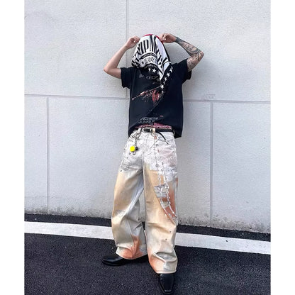 Autumn New Stylish Male Denim Pants Wide Leg American Vintage Y2K 90S High Street Chain Printing Worn-Out Design Baggy Men Jeans