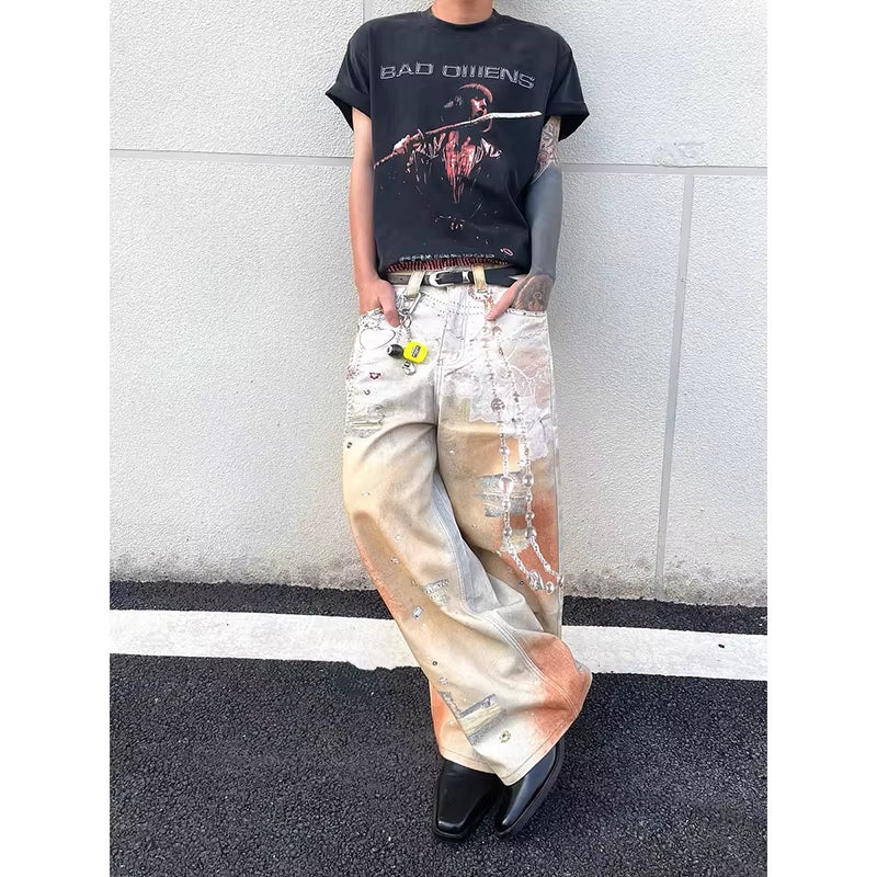 Autumn New Stylish Male Denim Pants Wide Leg American Vintage Y2K 90S High Street Chain Printing Worn-Out Design Baggy Men Jeans