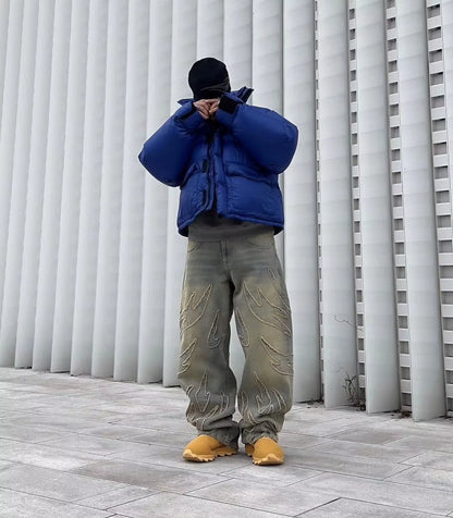 Y2K Street Retro Raw Edge Embroidery Baggy Jeans Men Women Fashion Hip Hop Patchwork High Waisted Denim Pants Ripped Jeans 2024